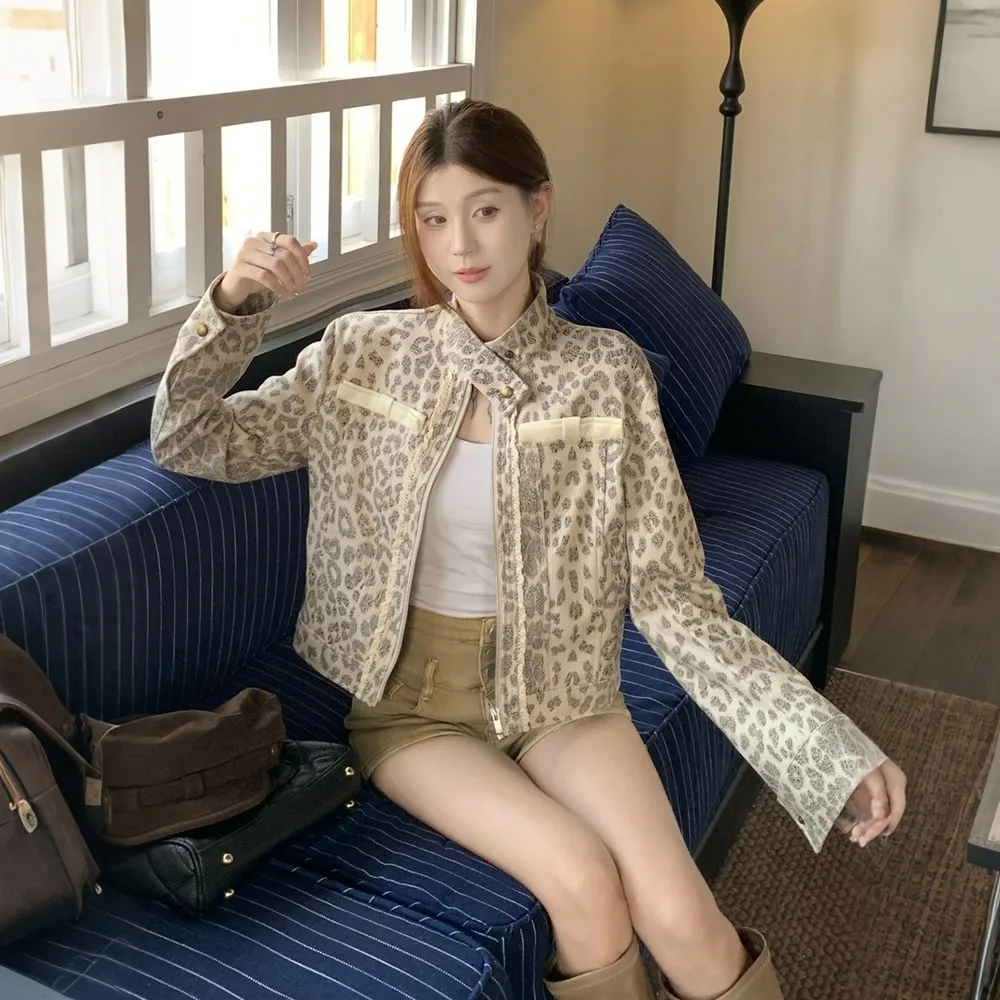 Women American Retro Jacket Leopard Print Motorcycle Style Autumn Small Worn Fixed Dye Stand Collar Short Cardigan