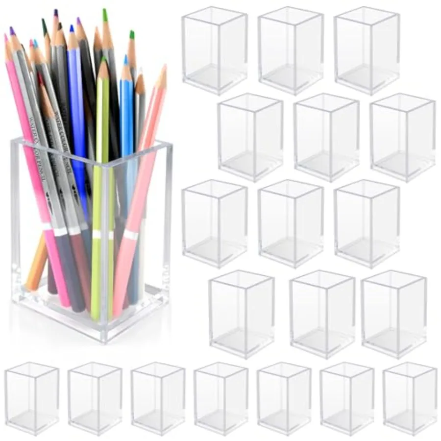 

20 Pack Clear Acrylic Pen Holder for Desk, Pencil Cup Makeup Brush Organizer, Square Acrylic Pencil Holders for Office School H