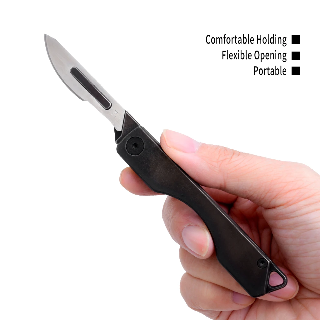 

Titanium Alloy Folding Knife. Black Stone Washing Handle.With 10pcs Blades.Outdoor Portable Outting Tool