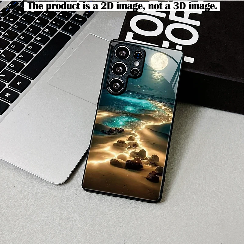 Dark Blue Moonlit Glowing Sea Phone Case,2D Print Black Glass Cover For Samsung S & A Series,Shockproof Protective Shell