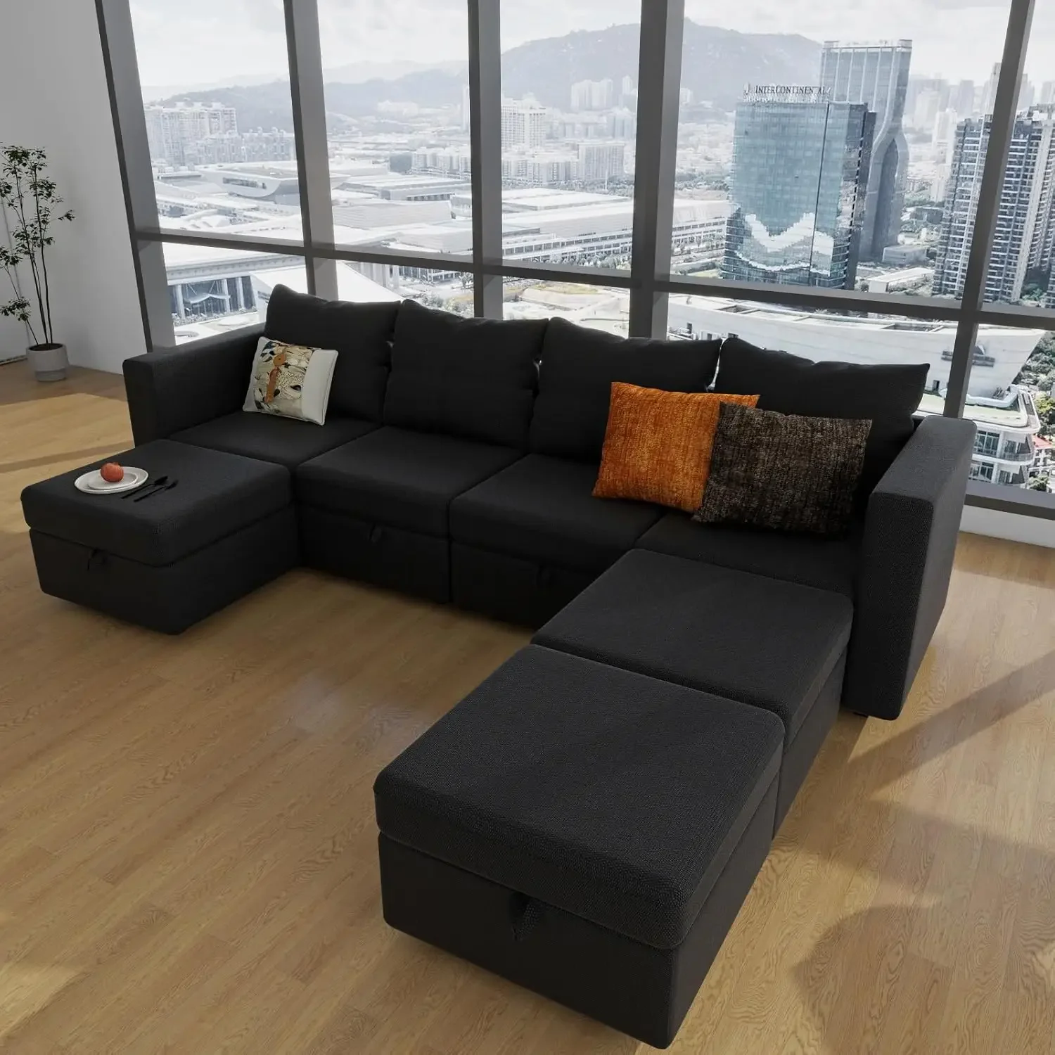 Sectional Couches Modular Sofa with Storage Ottomans  Couch Set with Storage Seat Modular Couch Sofa Polyester Black