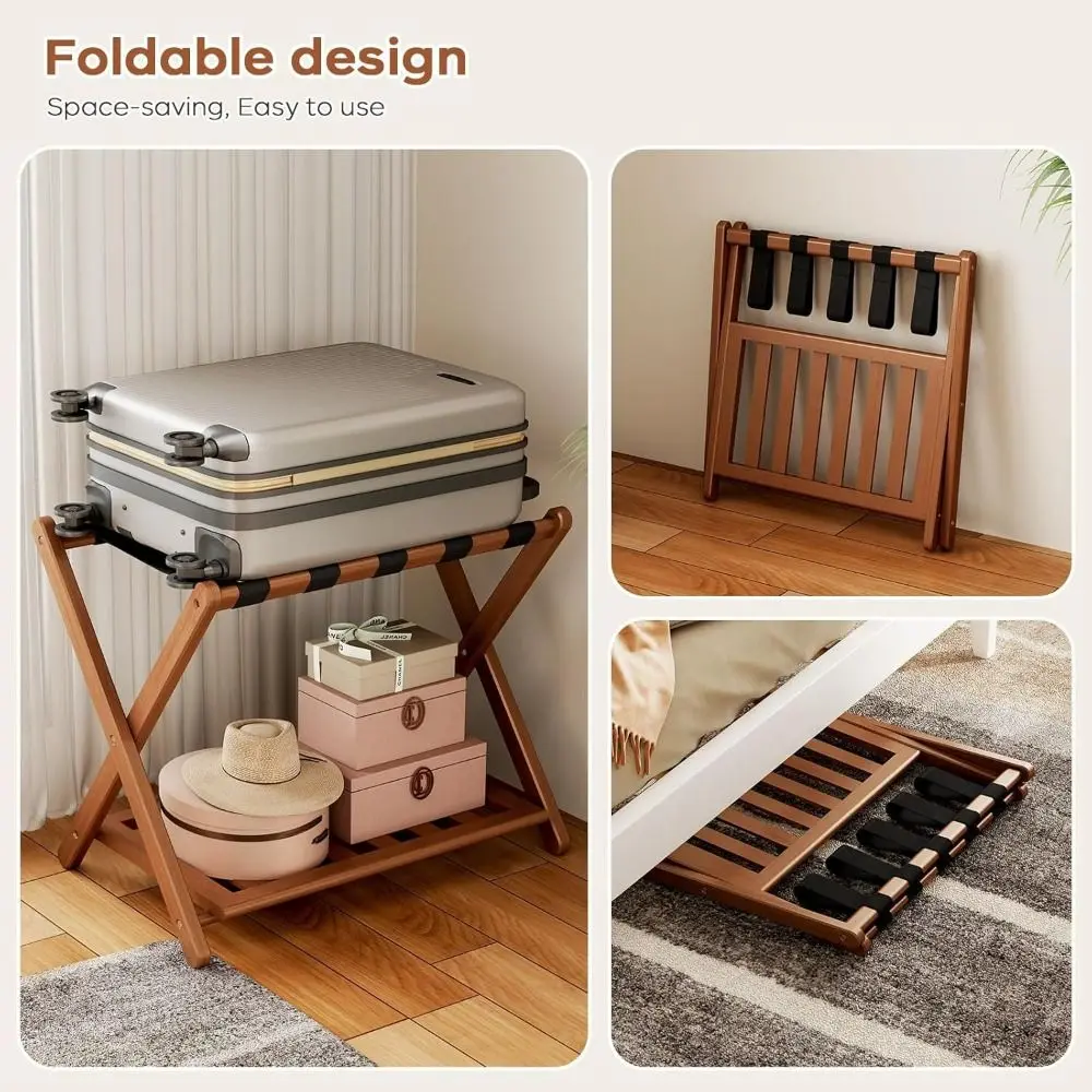 Neat Storage Bamboo Luggage Storage Rack 2-Tier Foldable Foldable Storage Rack Space Saving Portable baggage holder Hotel
