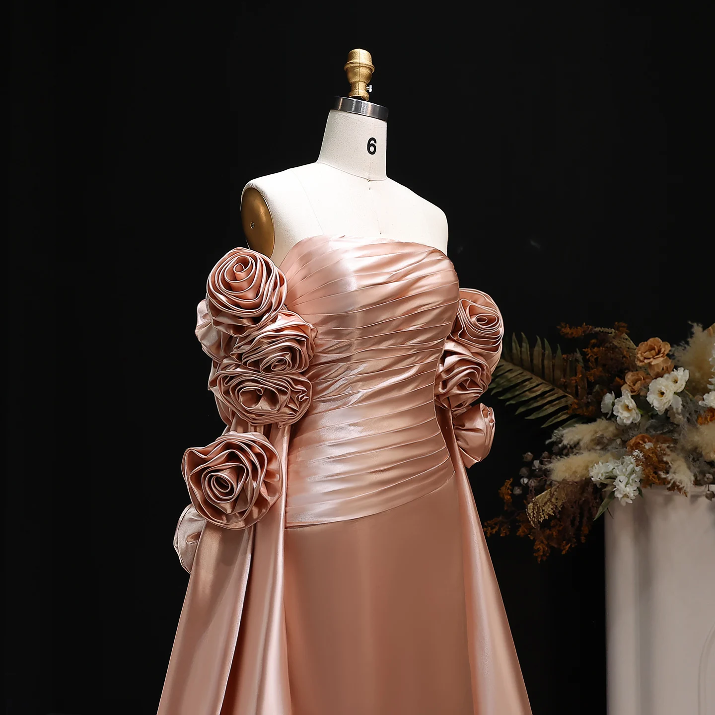 Personalizado elegante feminino vestidos de noite luxo 3d flores coluna plissados festa cetim querida até o chão baile para ocasiões