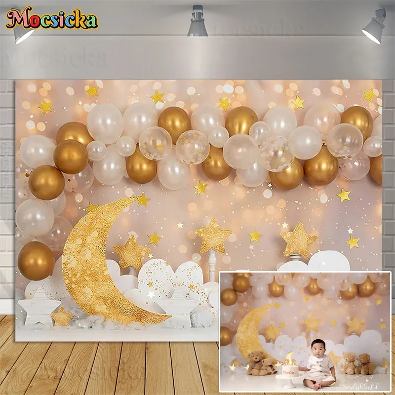 

Twinkle Twinkle Little Star Backdrops Photography Golden Moon Clouds Balloons Girl 1st Birthday Cake Smash Background Photoshoot