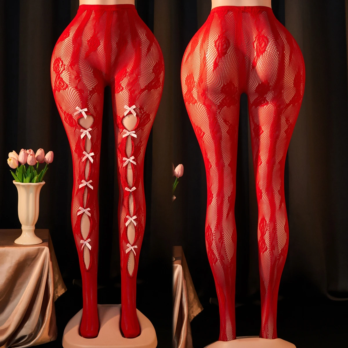 Women's Sexy Pantyhose Plus Size Friendly with Bow Decoration,High-Waisted Tight Pants with Round Cut-Outs, Suitable for Club P