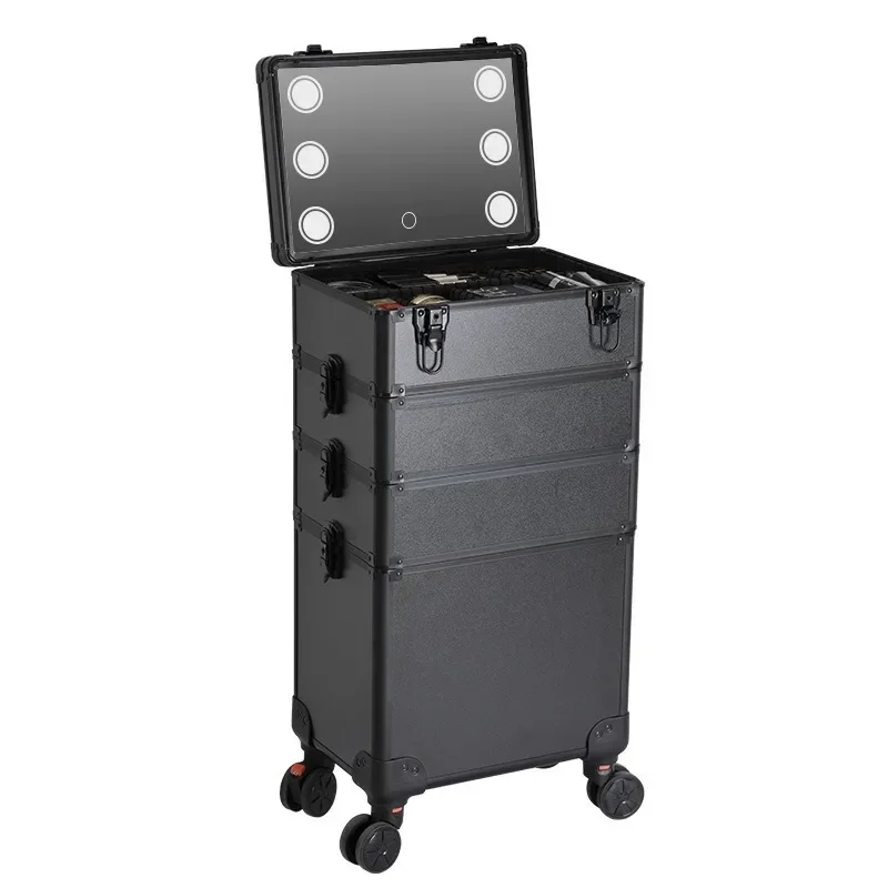 Aluminum alloy large multi-layer mirror with lamp LED light box, trolley cosmetic case, makeup artist