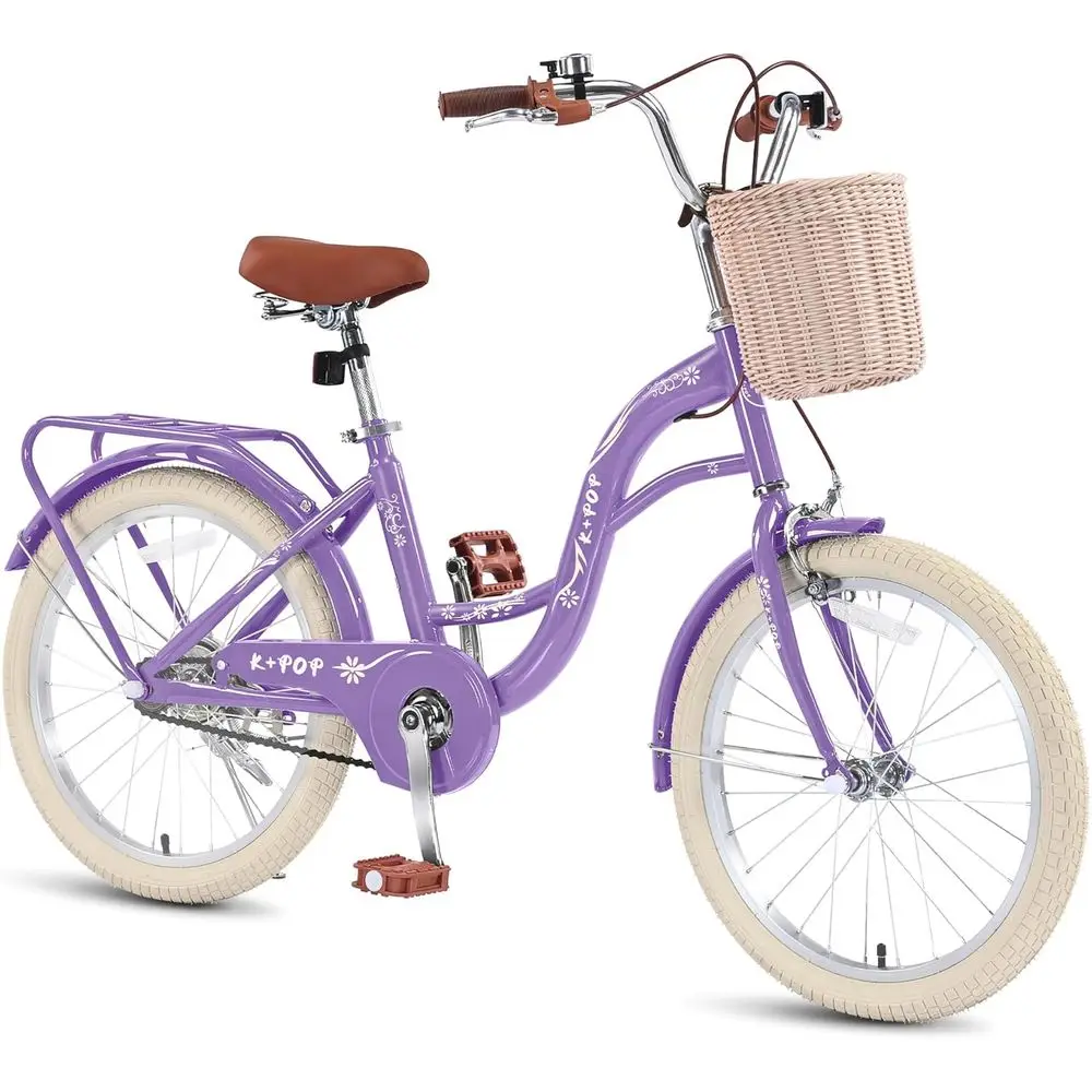 

8-12 Years Girls' 20 Inch Bike with Basket, Kickstand, Front & Rear Brakes, and Back Seat