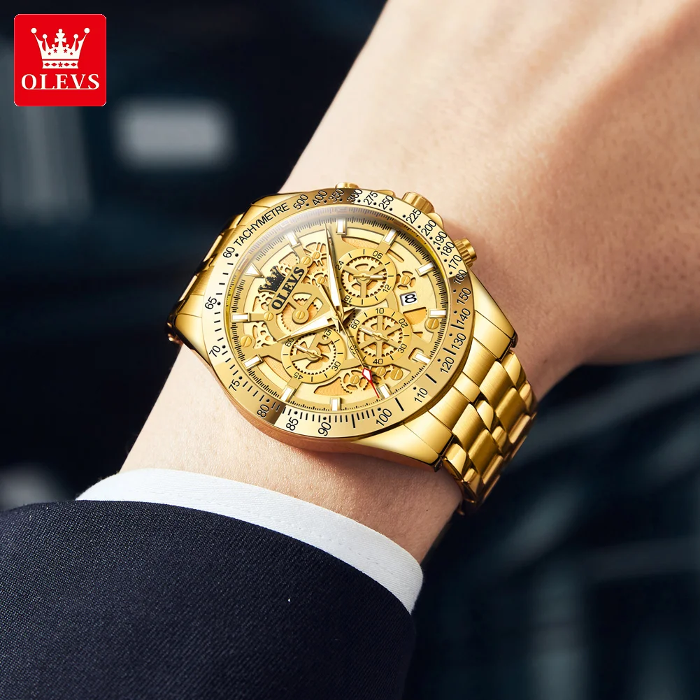 OLEVS orologio al quarzo di marca originale da uomo quadrante scavato design cronografo impermeabile in acciaio inossidabile orologio da uomo in oro di nuova moda