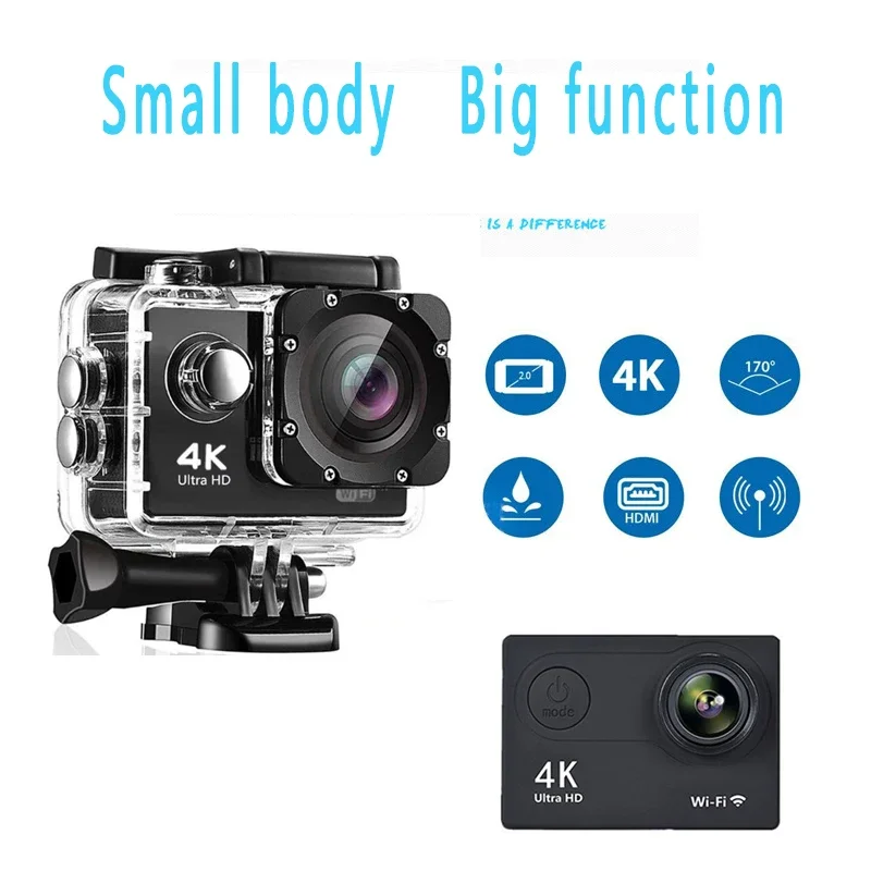 Portable Action Camera Ultra HD 4K/30fps WiFi 2.0-Inch 170D Underwater Waterproof Helmet Video Recording Camera Remote Sport Cam