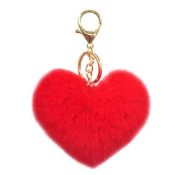 1 Pack Women's Heart KeyChain Artificial Fur Ball Red Or White Or Pink Heart Plush Key Ring Backpack Pendant Charm Girl
