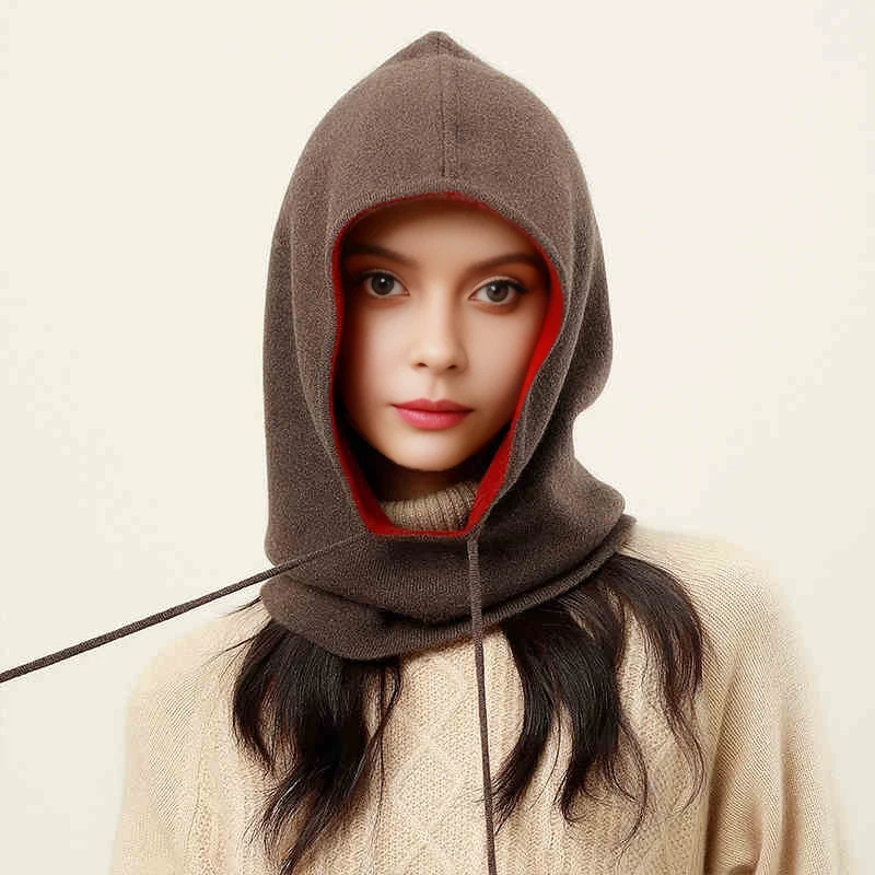 

Unisex 100% Cashmere Balaclava Soft Warm Thick Drawstring Beanie Ear Face Neck Protection Scarf Multi-functional Bonnet Cap