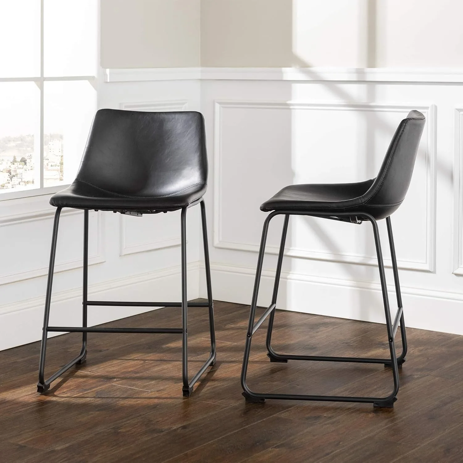 Douglas Urban Industrial Faux Leather Armless Counter Chairs, Set of 2, Black