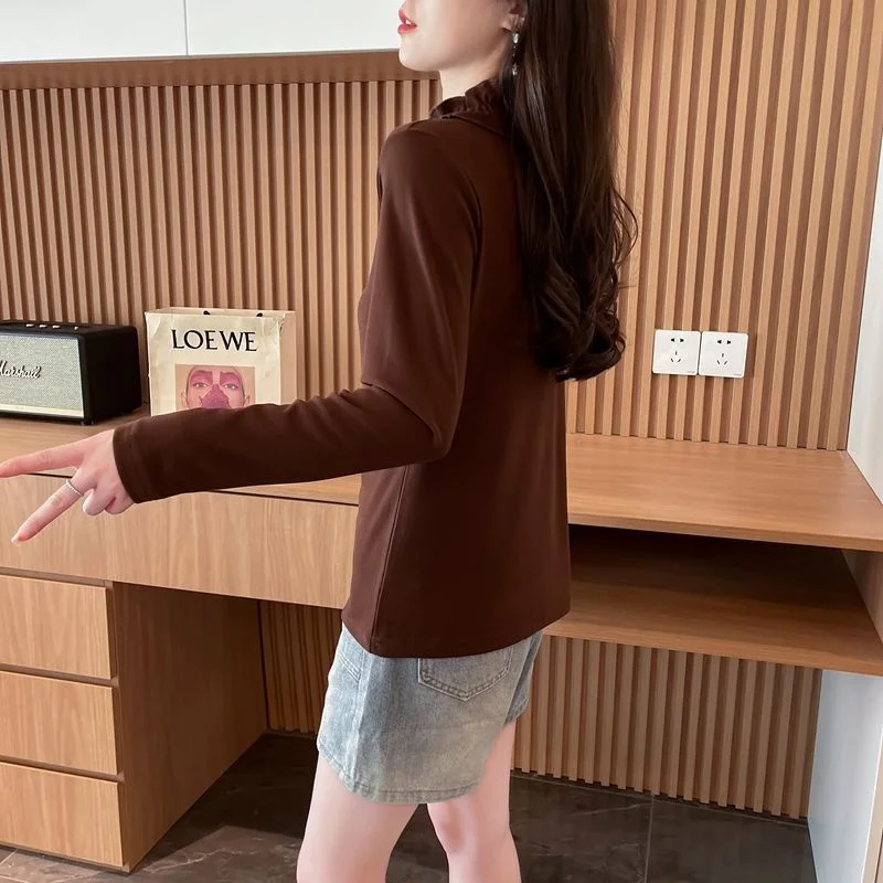 New Style Long Sleeve Thermal T-Shirt Women's Pure Color Base Layer Top Fashionable Warm Half High Collar German Velvet