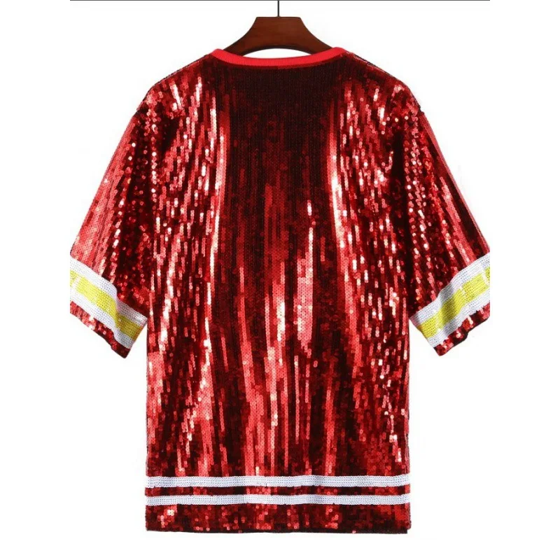 

Новая женская футболка с пайетками в стиле стритвир, летняя униформа для регбийной команды, джерси с пайетками, красные буквы, принт