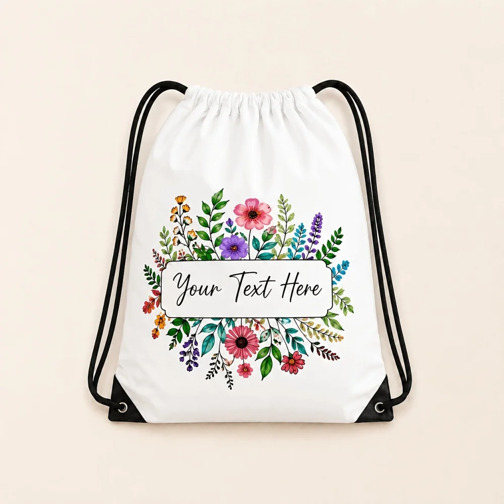1Pc Fresh Floral Pattern Custom Text Drawstring Bag,Lightweight Travel Sports Bags Gym Sack Storage Backpack,Back to School Gift