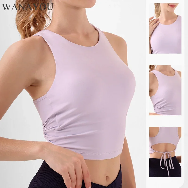 WANAyou-camisa de ioga sem mangas para mulheres, tops acolchoados esportivos, colete de sutiã de fitness Hollow Back Gym, correias traseiras, Workout Running Top