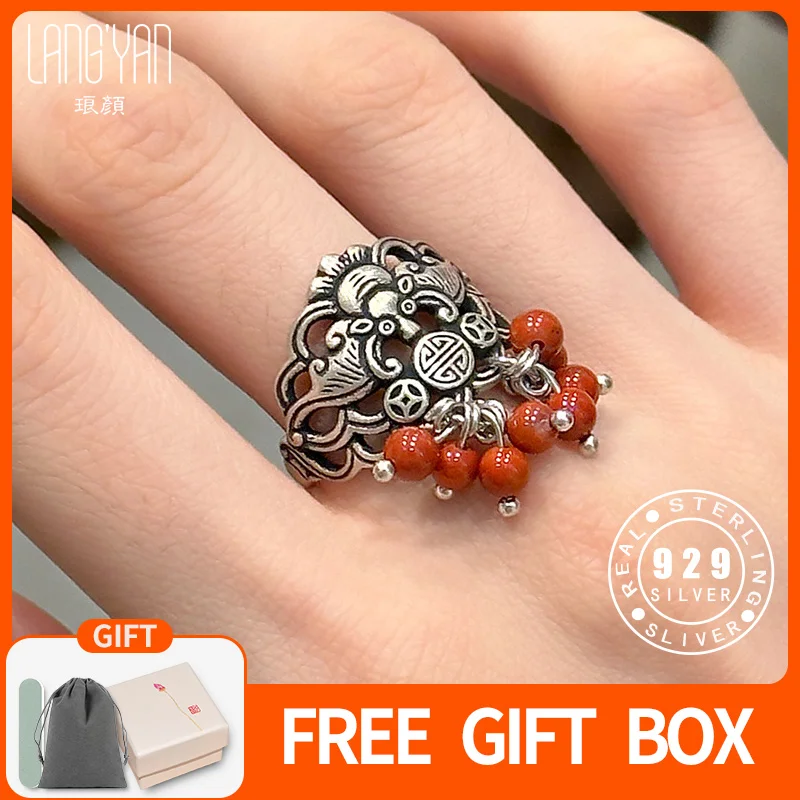 

Langyan 925 Sterling Silver Bat Rings with Red Agate Small Beads Handmade Ethnic Vintage Adjustable Hollow Ring for Women JZ163