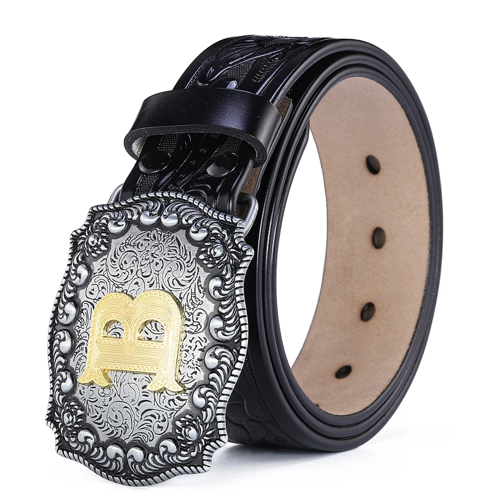 Western เข็มขัดผู้ชายเข็มขัดหนังแท้สําหรับผู้ชายผู้หญิงคาวบอย Cowgirl ตัวอักษรขนาดใหญ่หัวเข็มขัดทองชายเข็มขัดยาวสีดําสีน้ําตาลคุณภาพ