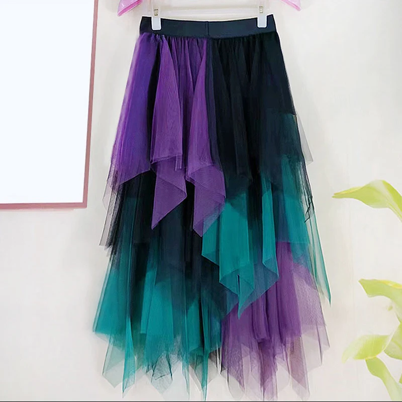 

Spring Summer Fashion Patchwork Color Tulle Skirt Women 2023 Sweet Irregular A-Line Skirt Female Midi Long High Waist Mesh Skirt