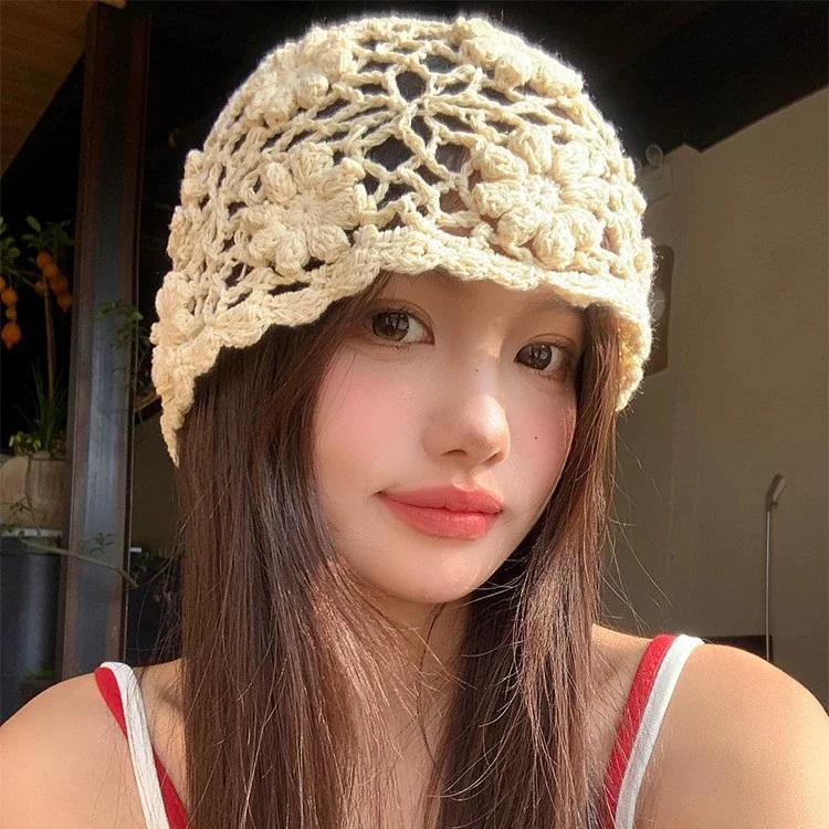 Hand-knitted Openwork Floral Beanie for Women: A Versatile, Retro-inspired Pull-over Hat Perfect for Spring and Summer