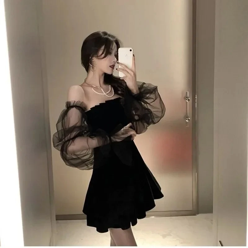 

New 2025 Black Retro Dress Women Lace Chiffon Mini Dress Female High Street Sexy Korean Fashion Women Club Dress
