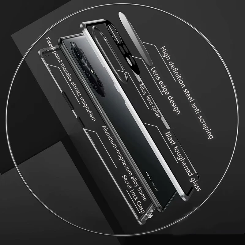 Metal Magnetic Phone Case Snap Lock For Huawei Pura 70 Ultra p50 P60 Art P40 Pro Plus Double Sided Glass Protection Cover Cases