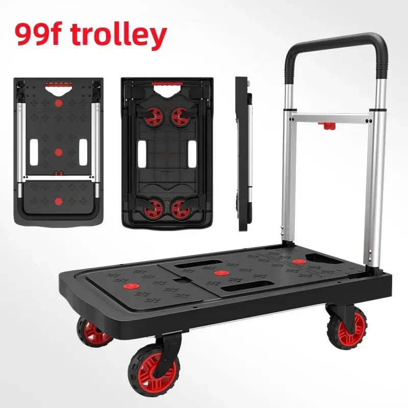 A trolley small pull cart square tube reinforced truck folding flatbed silent four-wheel trailersturdy and durable  durable