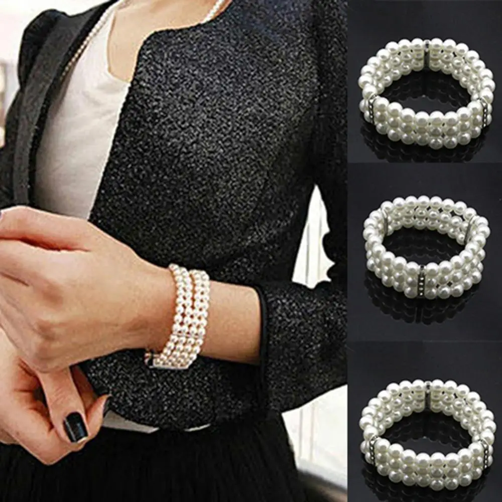 3 Rows Faux Pearl Rhinestone Decor Elastic Stretchy Bangle Bracelet Crystal Faux Pearl Multi Layer Wide Bangles Pulseras Mujer