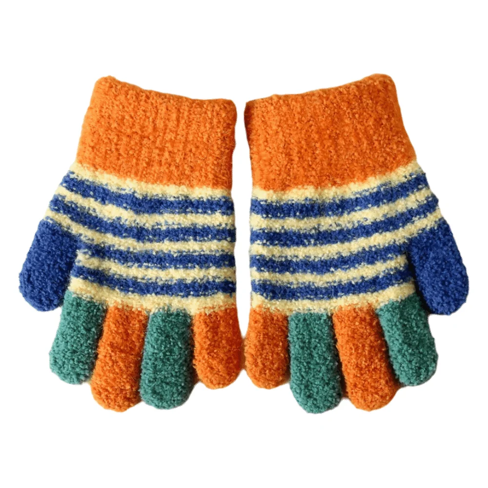 

Cute Stripe Kids Knitted Gloves Thickened Children Full Fingers Gloves Windproof Gloves Outdoor Sports