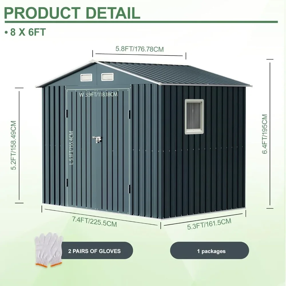 Cobertizo de almacenamiento de acero para exteriores de 8x6 pies con ventana transparente, puertas bloqueables, cobertizo de herramientas de metal resistente a la intemperie