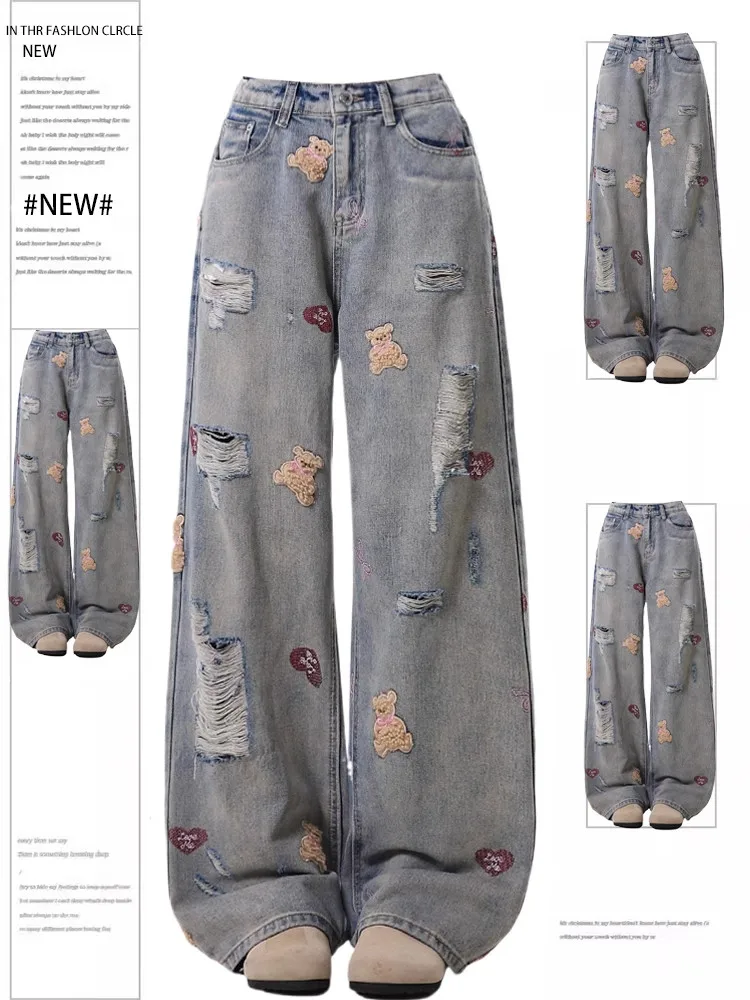 

Retro American Bear Embroidery Design Women's plus Size Loose Slim Straight Leg Jeans Casual High Waist Wide Leg Pants