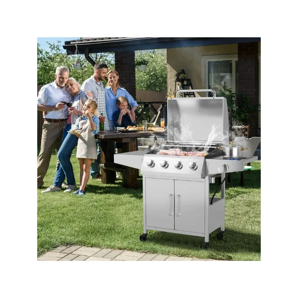 Propane Gas Grill with 4 Main Burners and 1 Side Burner total 50,000 BTU Stainless Steel Heavy-Duty BBQ Grill with 4 Wheels BBQ