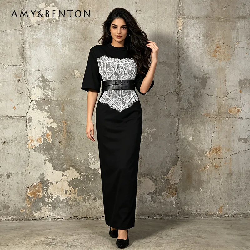 

Sweet Cool Hot Girls Style Long Lace Splicing Women's Dress 2026 Summer New Round Neck Mid-sleeve Paired Belt Dresses Ladies