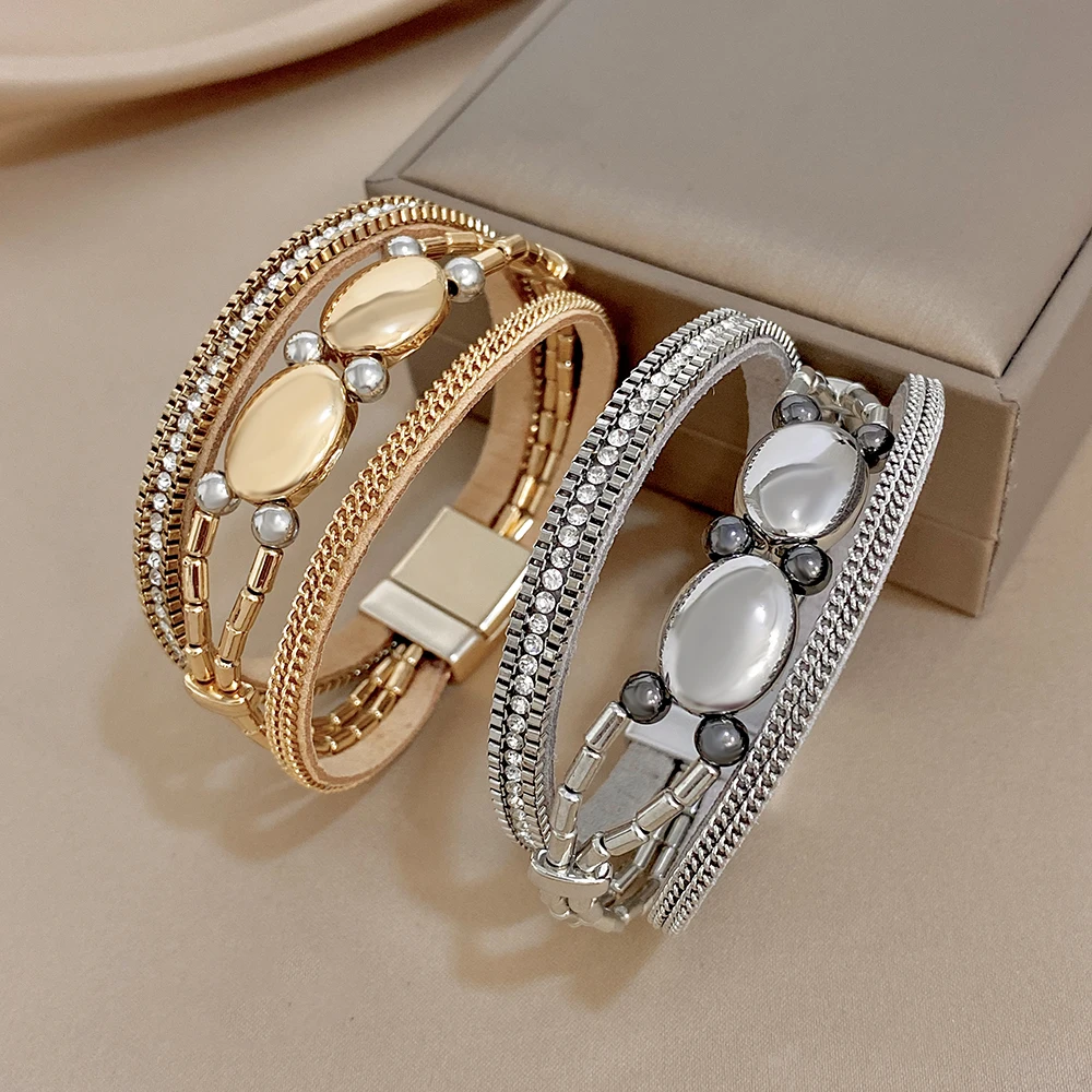ALLYES Unique Geometric Beaded Weave Leather Bracelet for Women Men Vintage Multilayer Wrap Wide Bracelets Charm Jewelry