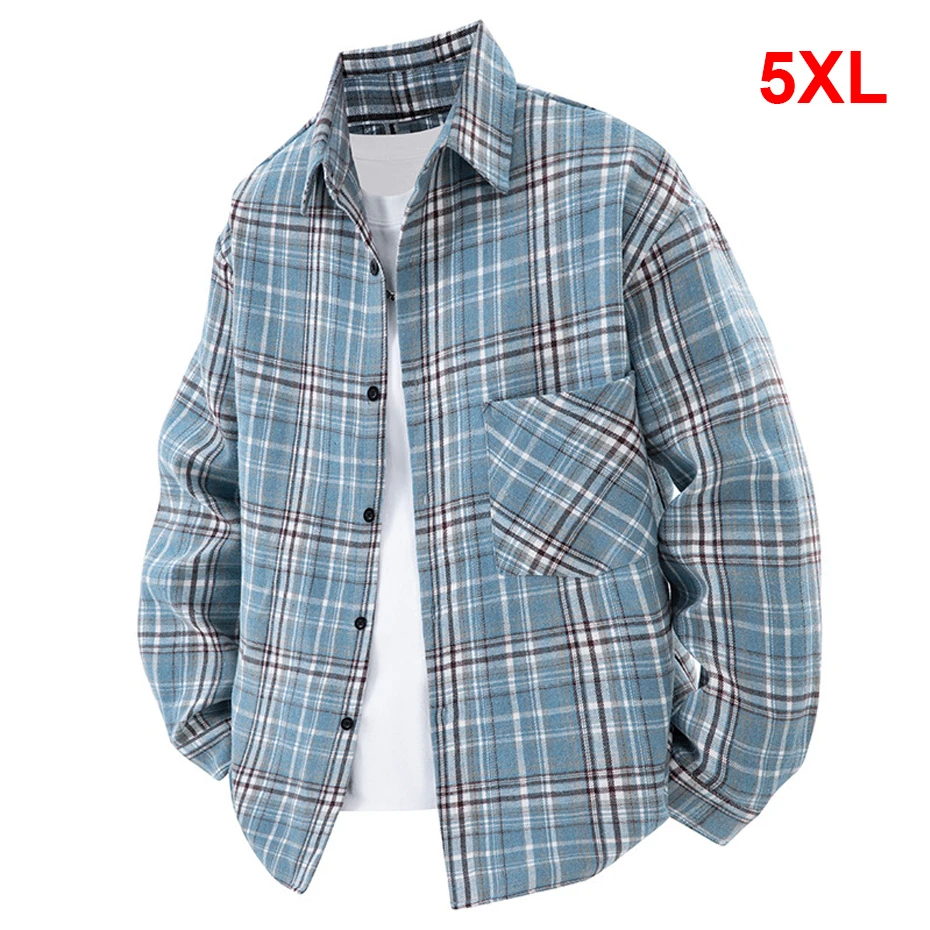 Spring Autumn Long Sleeve Plaid Shirts Jacket Men Fashion Casual Plaid Shirts Big Size 5XL