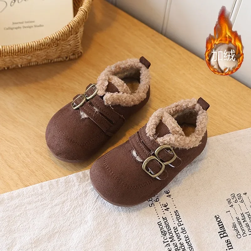 Kids Fleece Lined Winter Ankle Shoes, Suede‑Like Double Metal Buckle Hook‑and‑Loop Warm Plush Collar Casual Shoes