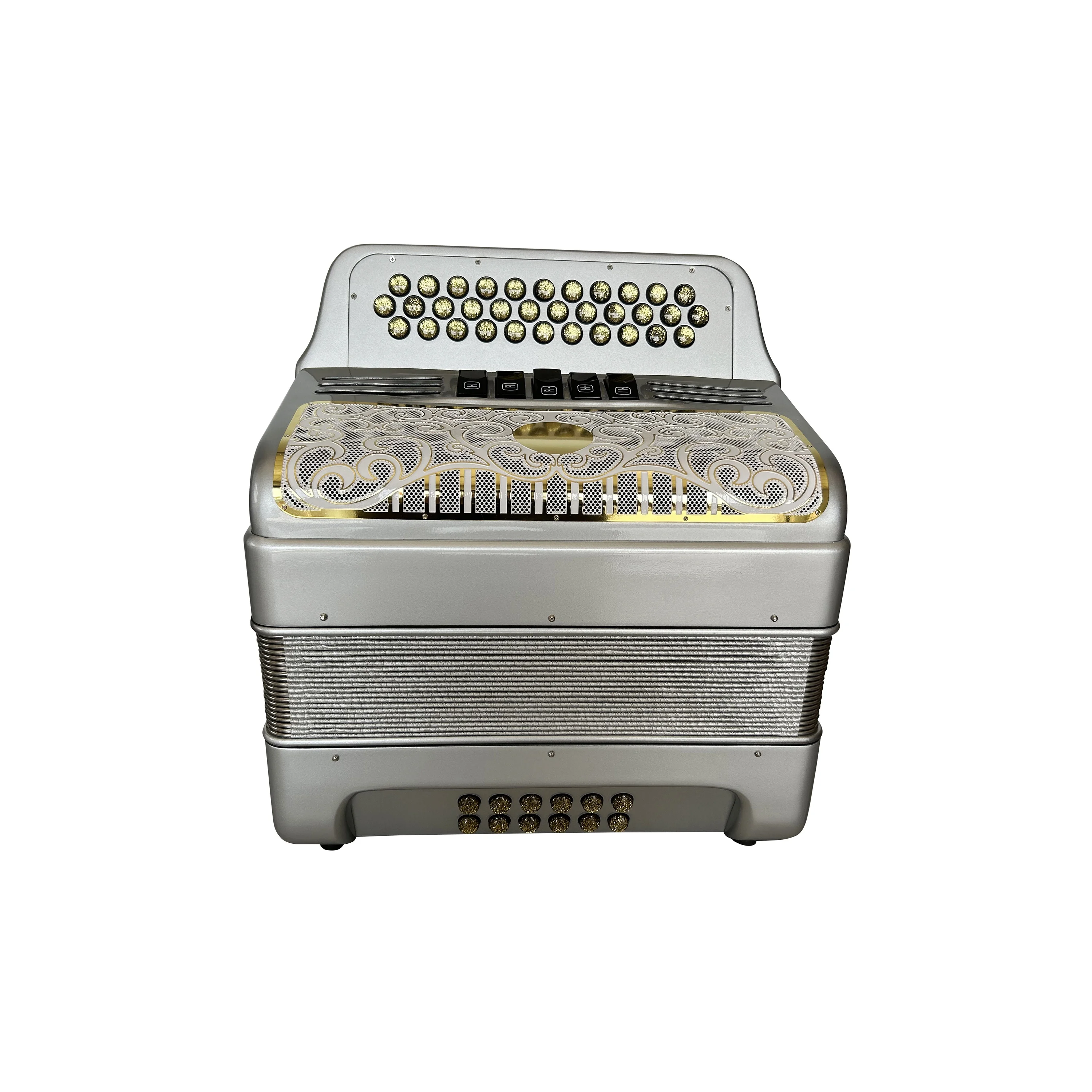 Professional 34-Button 12-Bass 5-Register Silver Accordion With White Gold Grill And Gold Buttons JB3412D Acordeon