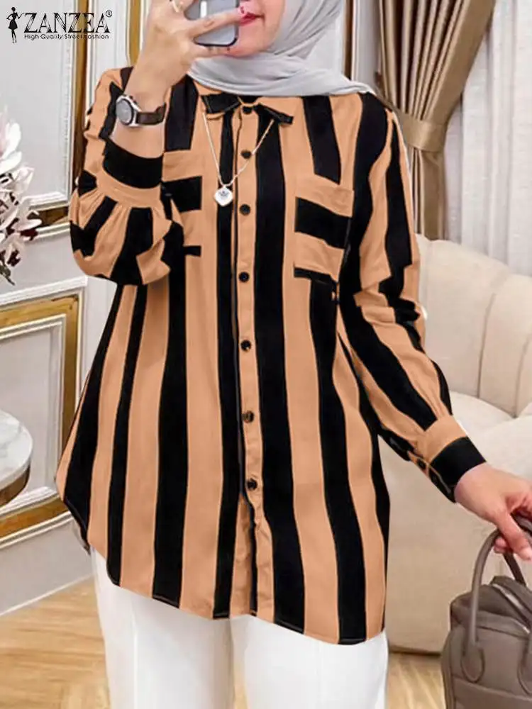 ZANZEA Women Fashion Tops Muslim Striped Shirt Turkey Hijab Abaya Lapel Neck Long Sleeve Blouse Casual Work Blusas Mujer Femme