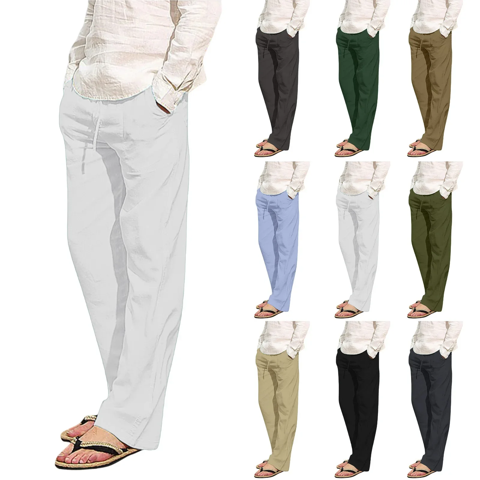 Mens Pants 2024 New Cotton Linen Large Size Men's Pants Casual Home Pants Straight Pants Loose Solid Color Trousers