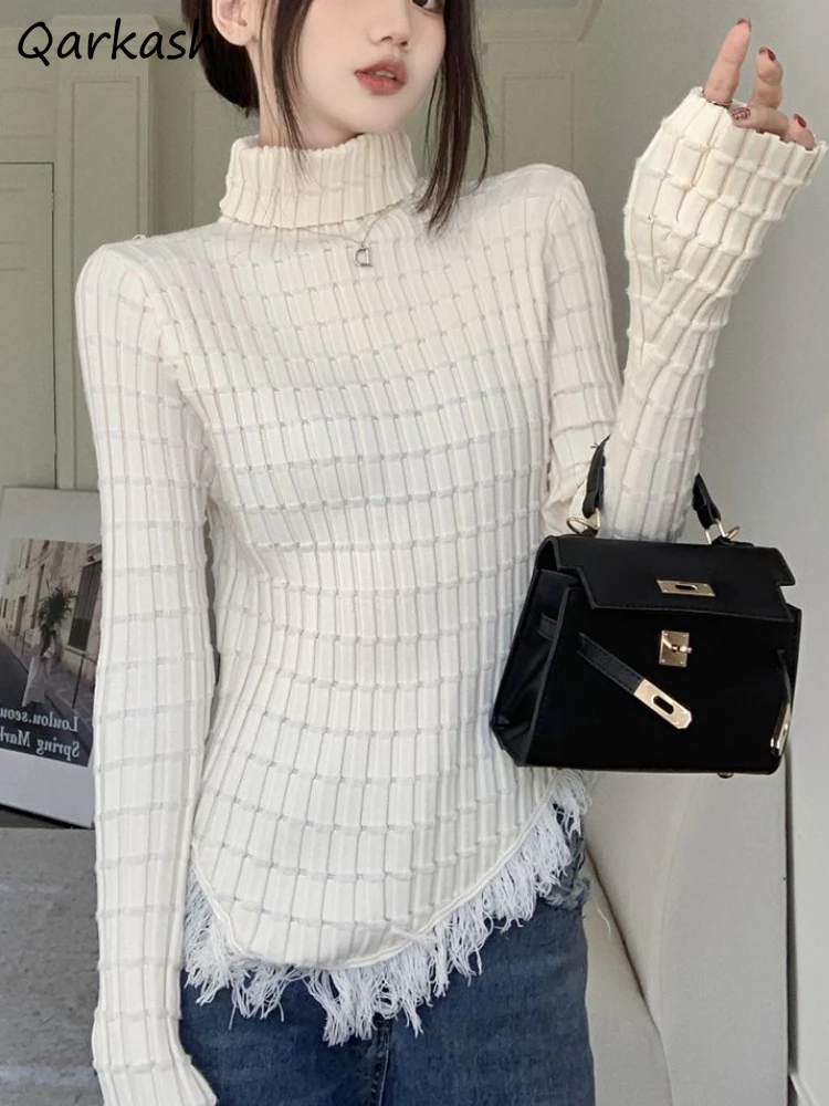 

Pullovers Women Turtleneck Temper Tassel Design Irregular Sweaters Vintage Autumn Streetwear Clothing Casual Daily Cozy Ulzzang