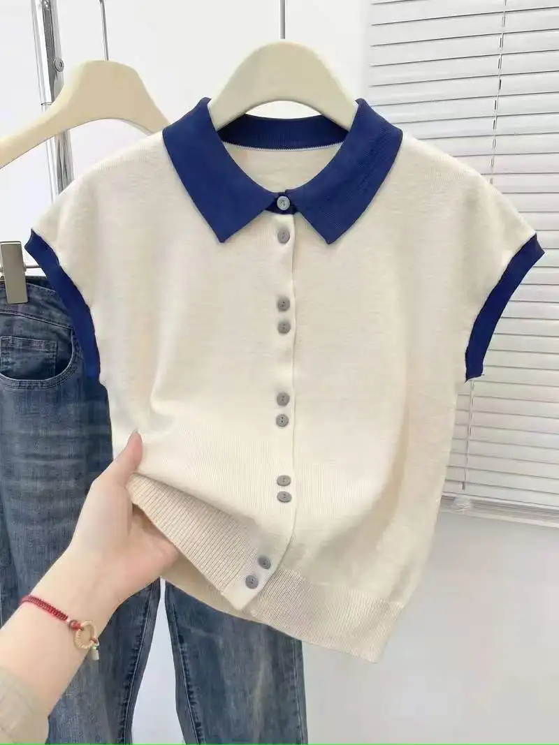 Women Beige Navy Contrast Polo Collar Knit Cardigan Sleeveless Cap Sleeve Button Thin Stretch Summer Casual Knit Outerwear Top