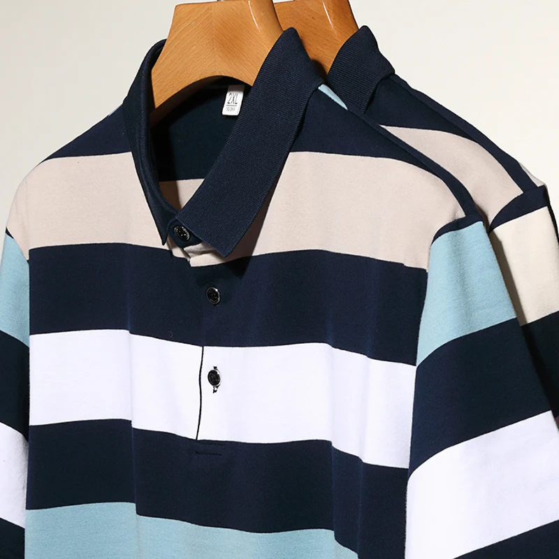 Minimalist Trendy Summer Men\'s Turn Down Collar Striped Button Contrast Color Fashion Casual Short Sleeve Loose Polo Shirts Tops