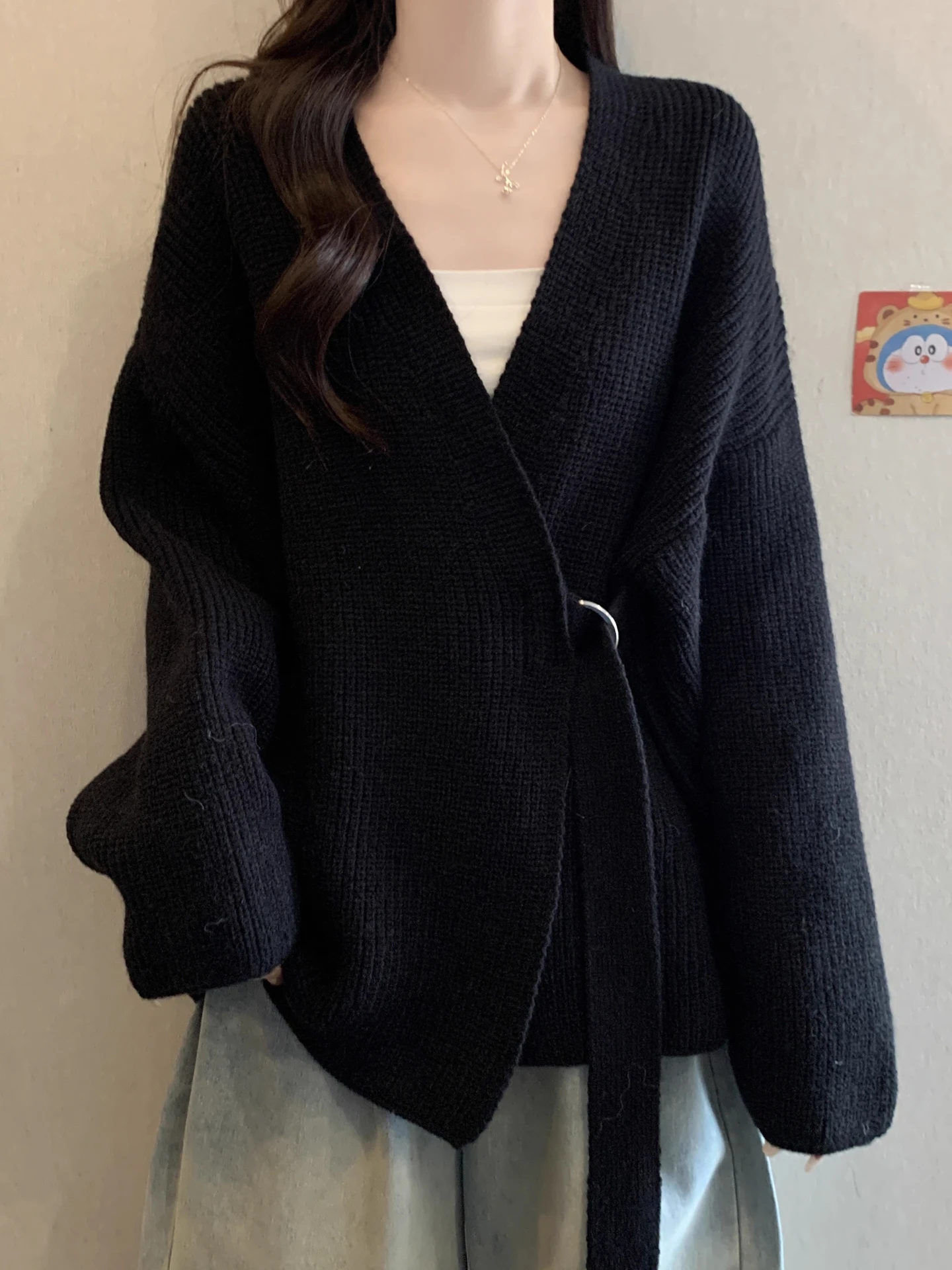 

Женский свободный вязаный кардиган с v-образным вырезом, осень-зима, свитер больших размеров, пальто на пуговицах, удобный длинный свек Crew Ne