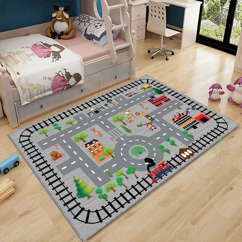 Kids Race Track Play Rug and Blue Carpet with Yellow/Black Road Toy Cars Perfect for Children's Bedroom Playroom Carpet Decor