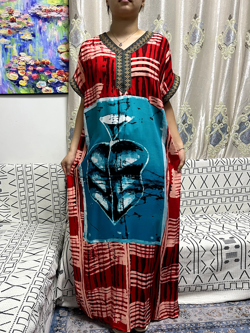 Abayas For Women 2023 Summer V-neck Cotton Printed Pattern Loose Fit Femme Robe African Nigeria Islam Novelty Design With Turban