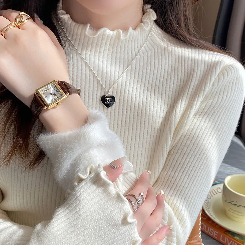 

New Mock Neck Knitted Sweater Women Pullovers Long Sleeve Fleece-lined Knit Sweater Pullover Women Tops Sweaters Knitwears Q1735