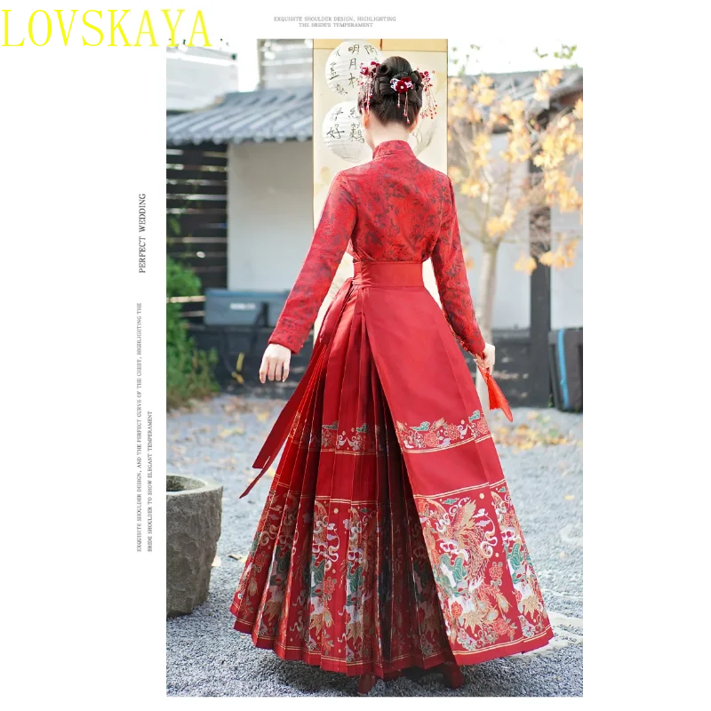 Chinese Festival Women's Hanfu Set Embroidered Horse Face Skirt Long sleeved Standing Collar Red Shirt Two piece Set