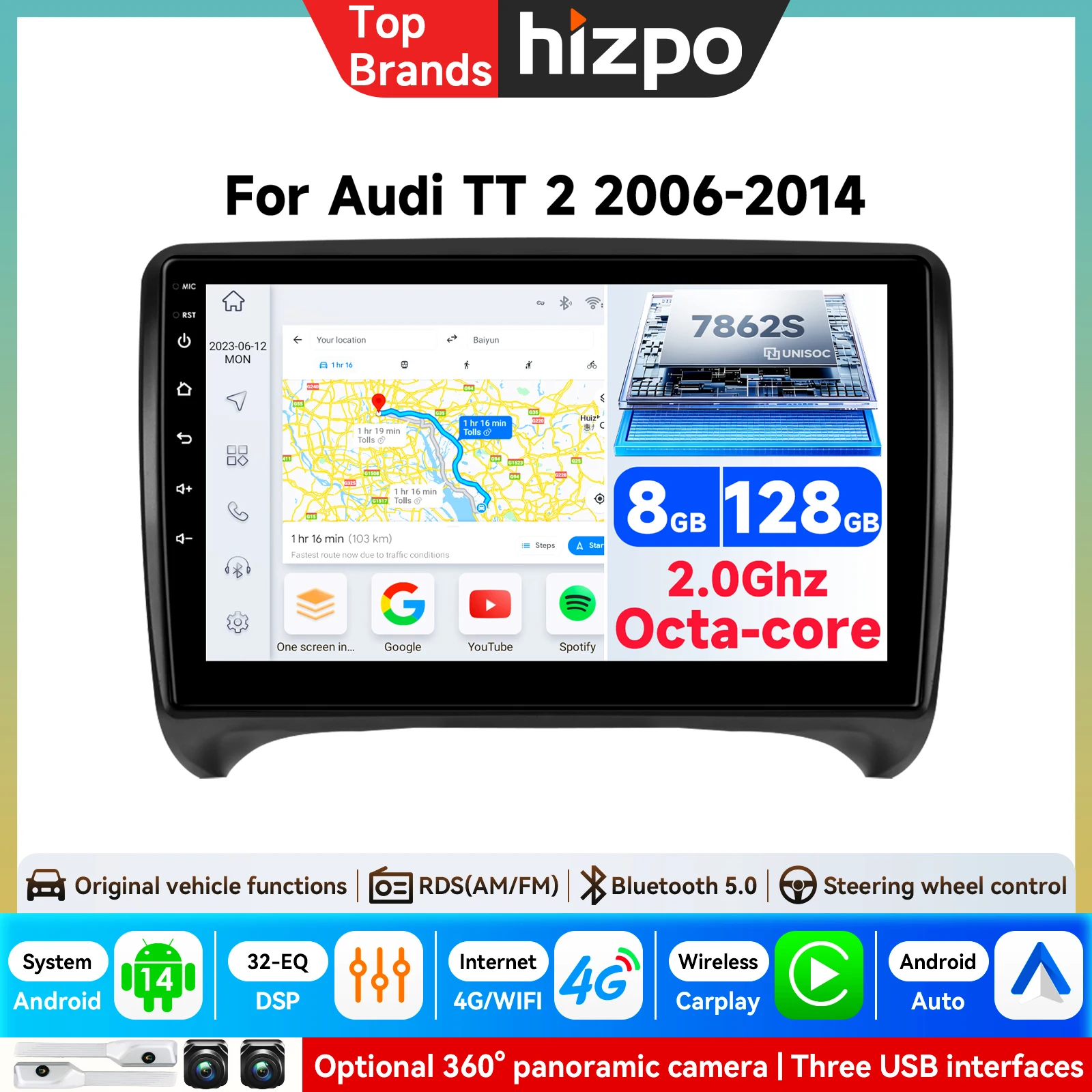 Hizpo 7862 2Din Android Autoradio für Audi TT MK2 8J 2006-2014 Multimedia-Player Stereo GPS Headunit Carplay Intelligente Systeme