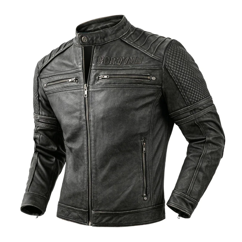 Men\'s Vintage Biker Jacket Top Layer Standing Collar Cowhide Motorcycle Jacket Classic Stone Milled Calfskin Moto Riding Suit