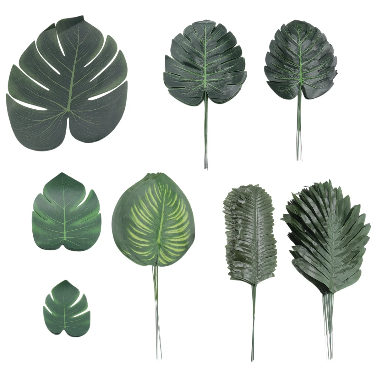 U-VBN-88 Pieces Palm Jungle Leaves 8 Kinds Faux Tropical Monstera Leaves with Stems for Hawaiian Luau Party Beach Theme Party